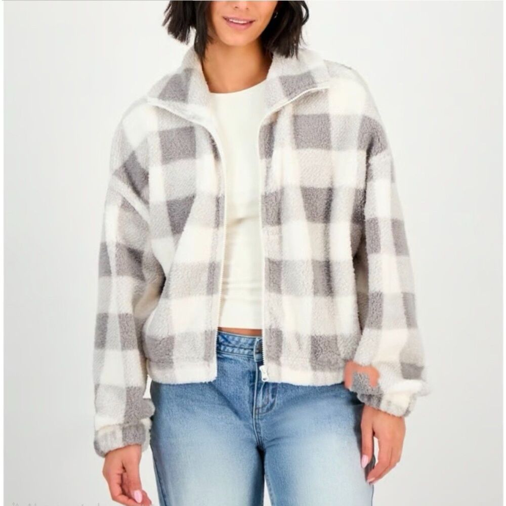 Hippie Rose Grey Plaid Junior's Cozy Sherpa Zip Up Jacket Size XL NWT
